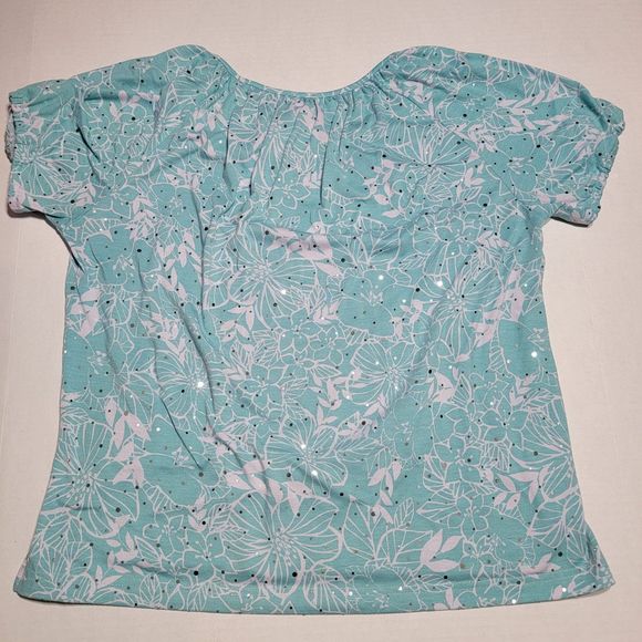 Rebecca Malone SS Blouse Teal White Flowers w/all Over Sequins - Size Large - Picture 3 of 4